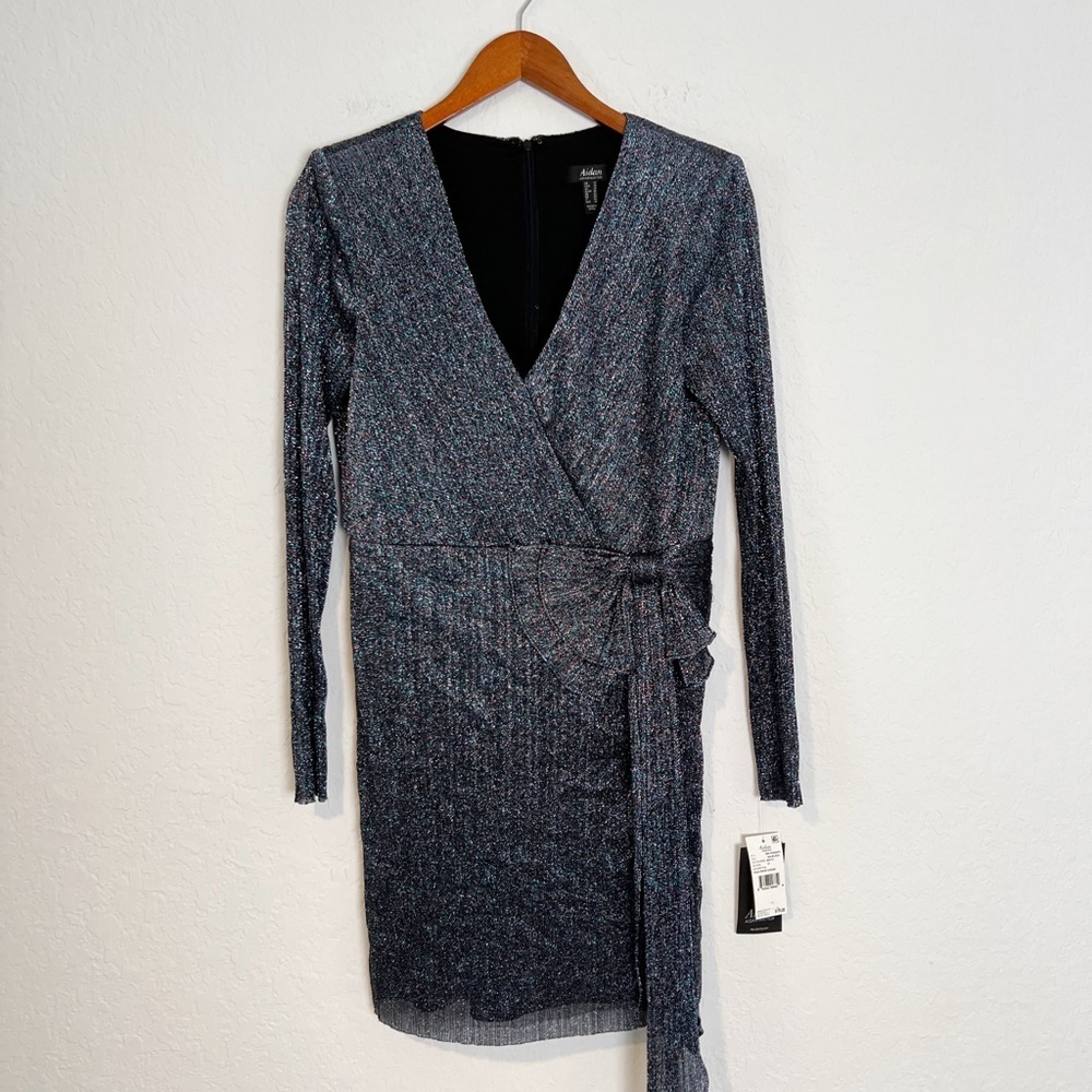 Aidan by Aidan Mattox Metallic Faux Wrap Dress - Picture 3 of 13
